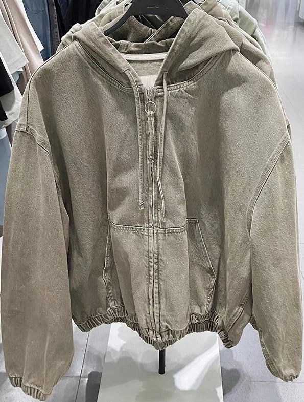 ZARA DENIM WASHED HOODED JACKET KHAKI Ref: 4365/371/427