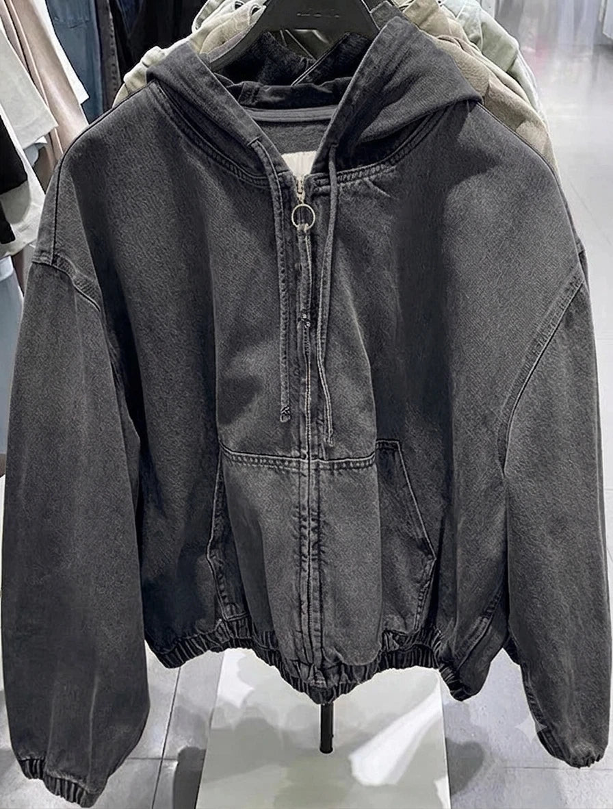 ZARA DENIM WASHED HOODED JACKET BLACK Ref: 4365/371/427