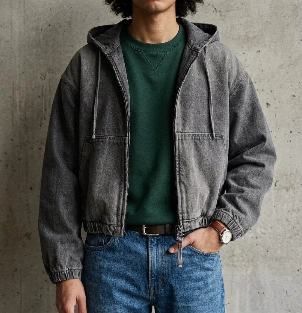 ZARA DENIM WASHED HOODED JACKET GREY Ref: 4365/371/427