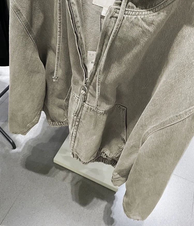 ZARA DENIM WASHED HOODED JACKET KHAKI Ref: 4365/371/427