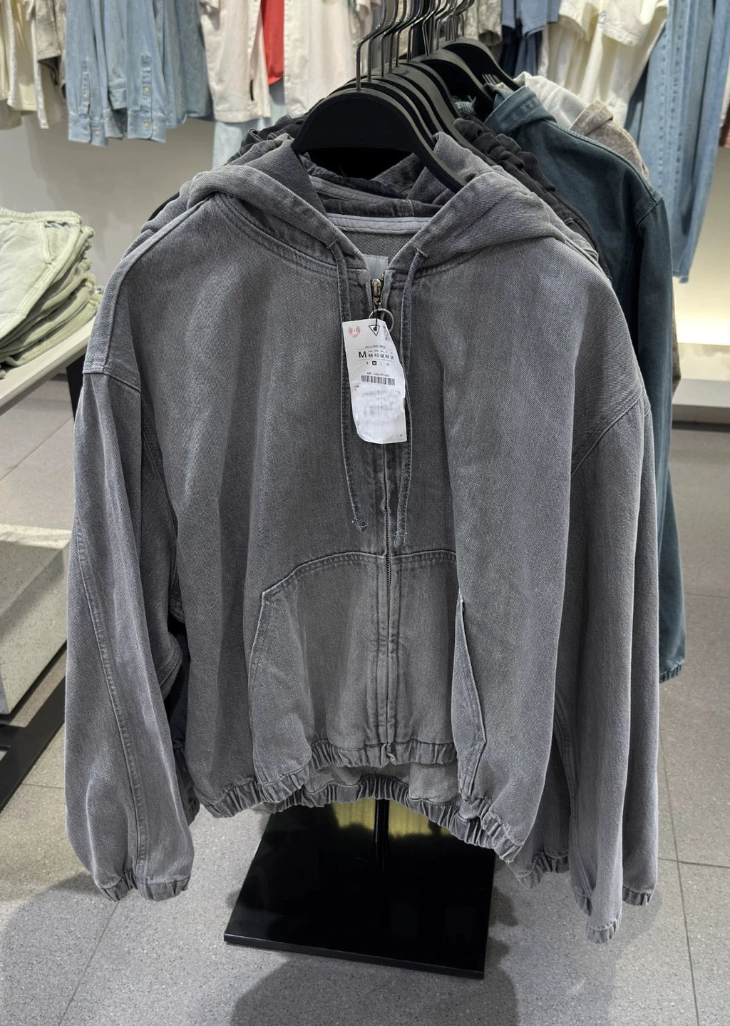 ZARA DENIM WASHED HOODED JACKET GREY Ref: 4365/371/427