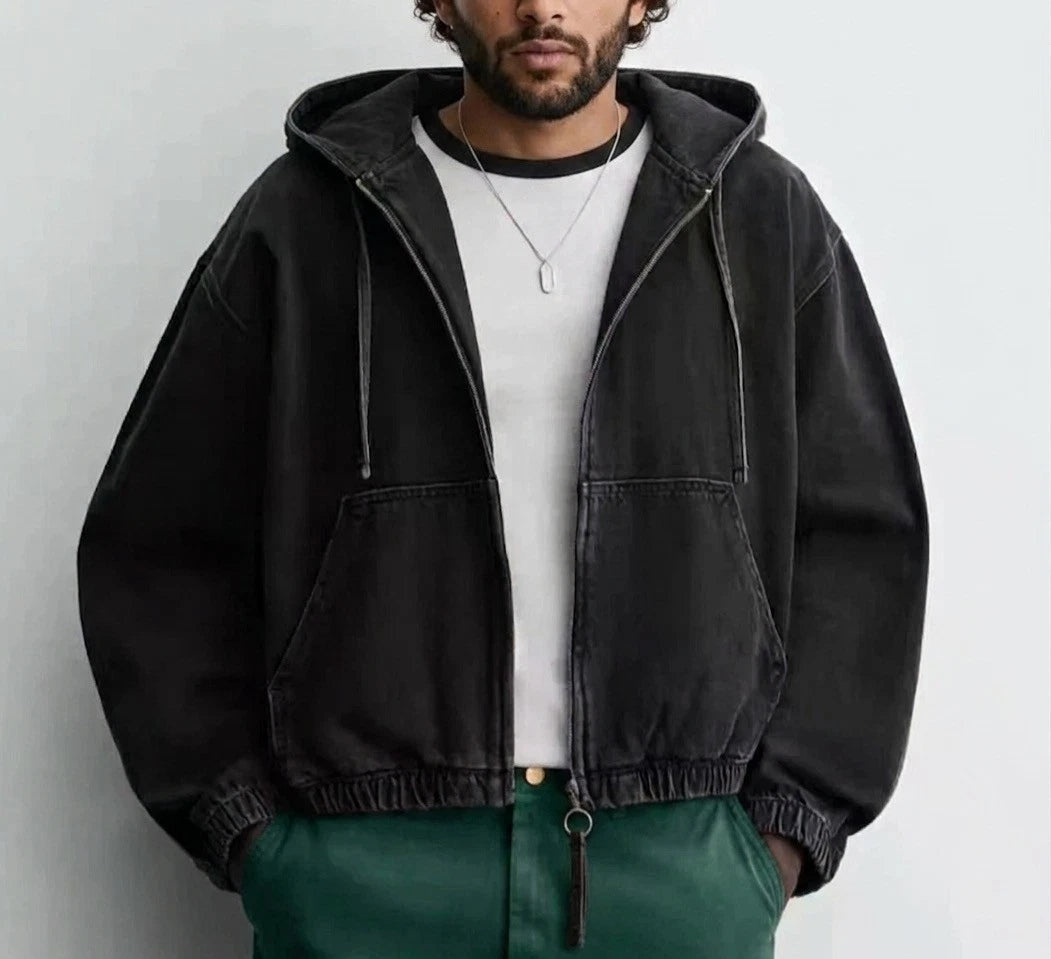 ZARA DENIM WASHED HOODED JACKET BLACK Ref: 4365/371/427